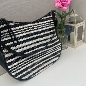Kate Spade Black and White Striped Woven leather Shoulder Bag